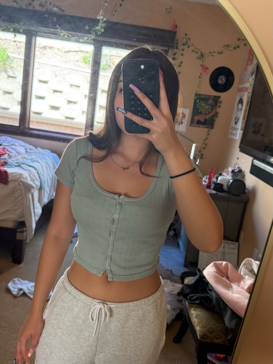 Brandy Melville Tops - Brandy Melville Zelly Top, Ribbed Button-Front Scoop Neck Crop Top - Sage Green